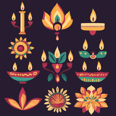 Beautiful Diwali decorations including diyas, rangoli, and candles.