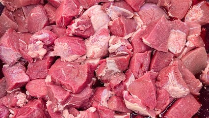 Raw beef in the supermarket. Top view of Raw fresh beef meat. Food ingredients