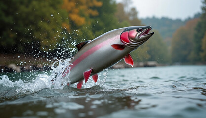 Fototapeta premium Salmon jumping upstream in a river setting with autumn foliage in the background