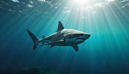 Shark swimming through the water in the ocean with sun rays filtering down