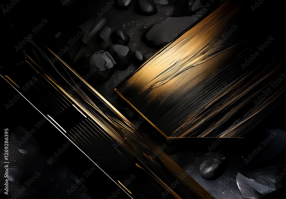 Fototapete abstract dark background with black stones and a golden rectangle featuring linear patterns. modern,