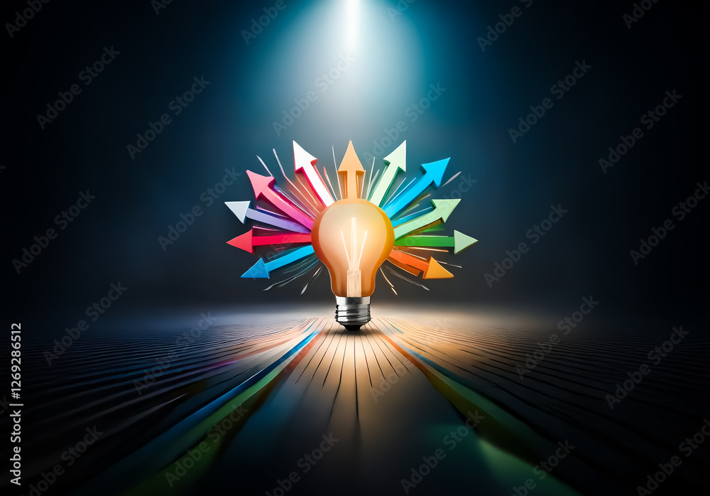 Poster illuminated light bulb with vibrant arrows radiating outwards against a dark backdrop, representing 