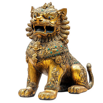 majestic golden guardian lion statue with intricate details and embellishments, symbolizing protection and strength. This impressive piece showcases traditional craftsmanship and artistry