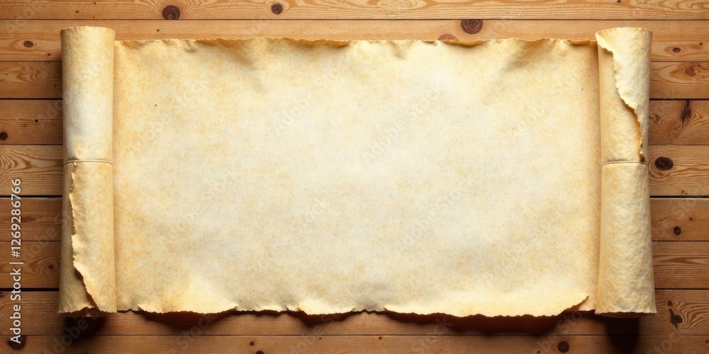 Aufkleber aged parchment scroll unfurled on rustic wooden surface, ready for your message or ancient tale