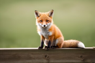 Fototapeta premium there is a red fox sitting on a wooden fence looking at the camera