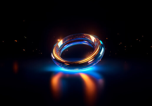 A glowing ring with blue and orange light sits on a dark reflective plane, casting a bright reflection and surrounded by floating sparks. - Powered by Adobe