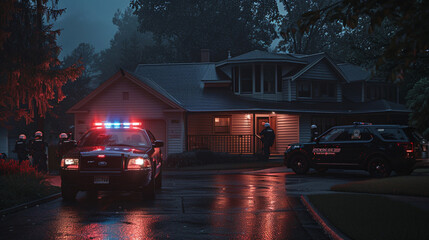 Flashing police lights illuminate a quiet suburban street as officers cautiously approach a house, acting on a lead about a fugitive's possible whereabouts.