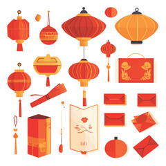 Traditional Chinese New Year symbols like red envelopes, lanterns, and firecrackers.