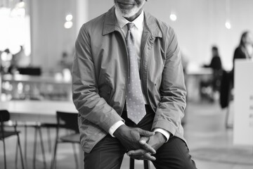 Black White Portrait Senior African Man Modern Office Workspace - Emphasizing Diversity Professionalism Corporate Marketing