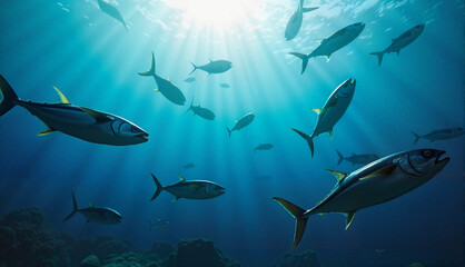 Fototapeta premium Tuna swimming in schools, serene mood, underwater scene in the ocean
