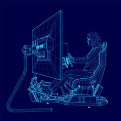 A woman is sitting in a armchair in front of a computer monitor. The monitor is a large screen and the woman is holding a steering wheel. A woman is sitting in a simulator car with a steering wheel.