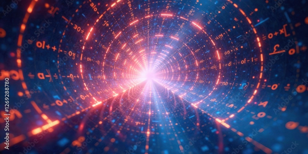 Poster A Journey Through the Infinite Realm of Mathematical Equations and Formulas in a Glowing Tunnel of Light and Data