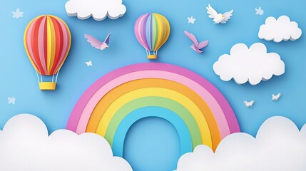 Paper art of hot air balloon flying in the sky with rainbow and clouds.