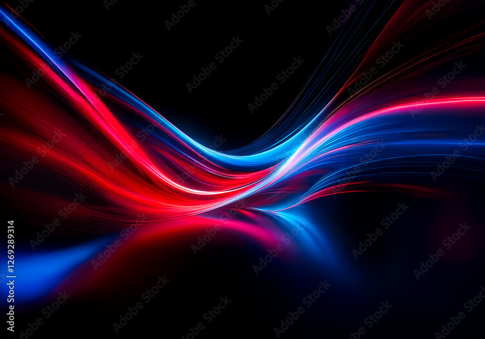 Poster Abstract flowing lines of vibrant red and blue hues dance against a stark black backdrop, creating a dynamic and modern visual effect.  The luminous lines suggest motion and energy.