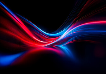 Abstract flowing lines of vibrant red and blue hues dance against a stark black backdrop, creating a dynamic and modern visual effect.  The luminous lines suggest motion and energy.