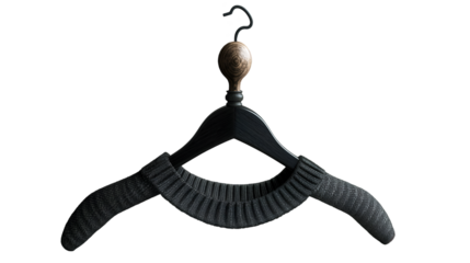 Dark Gray Knit Sweater Cozy Winter Style on Black Wooden Hanger, isolated on transparent background.