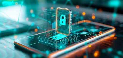 A futuristic smartphone displays a digital padlock, symbolizing advanced cybersecurity and data protection.