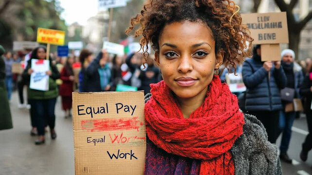 Young Black woman advocating for equal pay at a protest, holding a handmade sign. Gender equality, wage gap, social justice, activism, women's rights.
