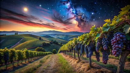 Fototapeta premium Tuscan Vineyard Night Photography: Sangiovese Grapes & Chianti Landscape