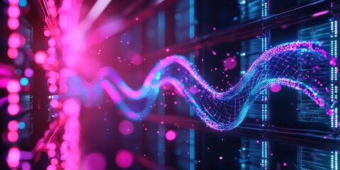 Fototapeta premium A vibrant digital wave flows through a high-tech server environment, illuminated by pink and blue lights, symbolizing data transfer and connectivity.