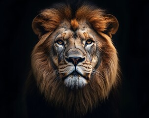 Naklejka premium Majestic lion portrait showcasing its powerful gaze and impressive mane against a dark background capturing the essence of its regal presence and wild beauty in a studio setting