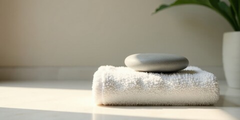 Serene Spa Setting Smooth Grey Stone Resting on a Soft White Towel, Bathed in Gentle Sunlight