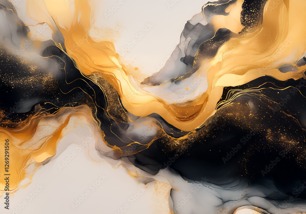 Poster Luxurious abstract backdrop featuring flowing gold and black ink blending smoothly on a white surface.  Elegant marble texture with shimmering and dynamic movement.