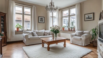 Fototapeta premium Cozy living room with large windows and beige furniture. Interior design and home decor