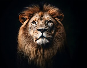 Majestic lion portrait showcasing its powerful gaze and impressive mane against a dark background capturing the essence of its regal presence and wild beauty in a studio setting