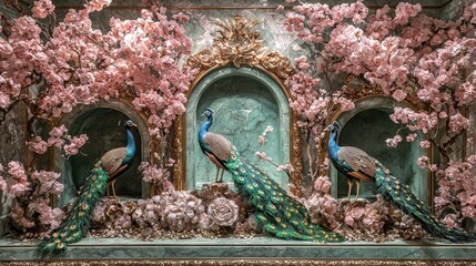 Three Elegant Peacocks Emerge Gracefully from Ornate Jade Display with Flowers