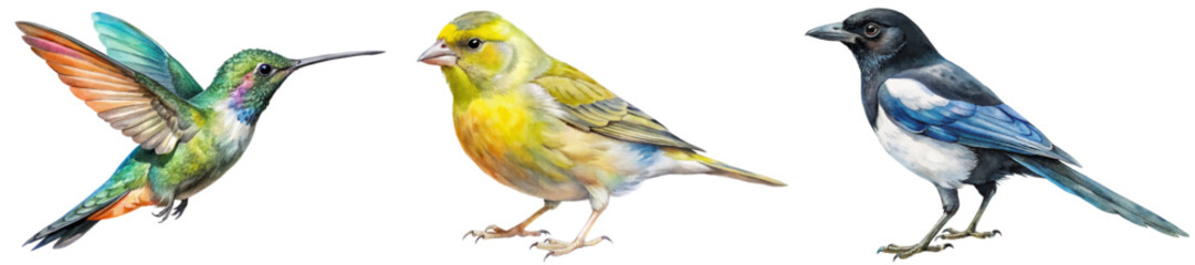 Colorful bird illustrations, detailed artwork, nature-themed design, vibrant feathers, educational purpose, wildlife representation.