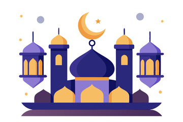Ramadan Kareem banner, poster, greeting card, cover design with mosque, crescent moon, stars and typography in flat geometric style. vector illustation