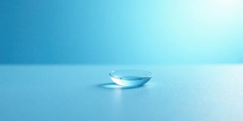 A Single Contact Lens in a Solution on a Smooth Surface Against a Light Blue Background