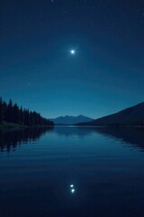 Fototapeta premium A single star shining over the lake's dark surface, serenity, reflection, water
