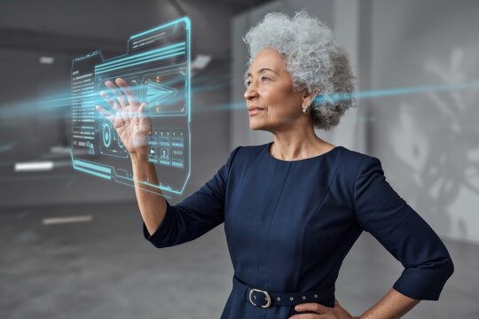Elderly African Woman Engaging Holographic Interface Modern Interior - Promoting Diversity Innovation Digital Transformation Technology Marketing