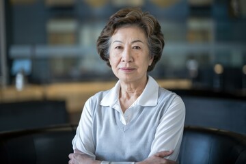 Fototapeta premium Confident Elderly Asian Woman Light Sweater Sitting Modern Indoor Setting - Portrait Serenity Family Connection Elderly Care Services Marketing