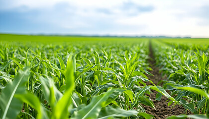Obraz premium Cornfield Row, Young Plants, Sunny Day, Agriculture, Background