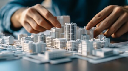 Naklejka premium Collaborative Urban Planning: Hands Shaping Miniature City Models on Table