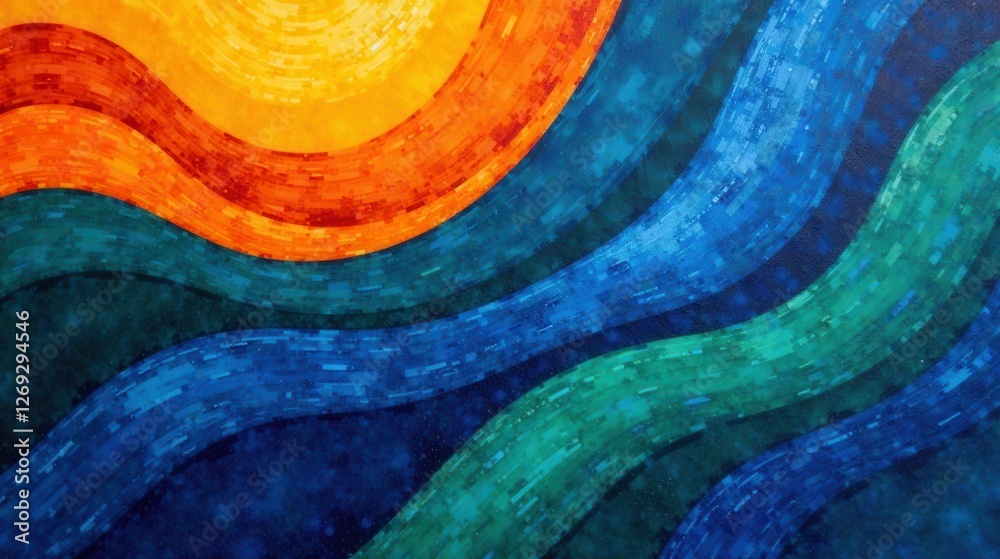 Poster abstract colorful wavy lines artistic design showing flowing curves and shades of blue, green, orang