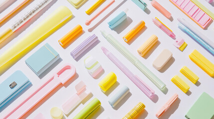 A detailed photograph of colorful pastel stationery items such as pens, erasers, and clips scattered artfully on a solid white background