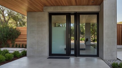 Fototapeta premium Large, pivoting steel front door in a neutral color, with no visible handles, sitting in front of a polished concrete porch.
