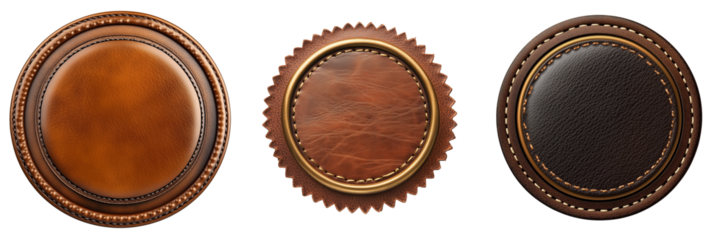 Set of Close-up of a round brown leather label with fine stitches along the edges on transparent png background. Ai generated
