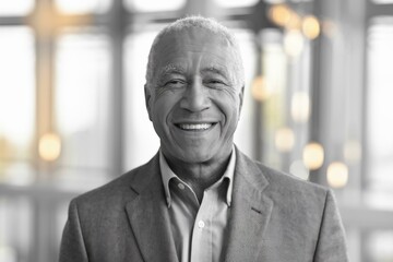 Smiling Older African American Man Suit Jacket Warm Blurred Background - Joyful Connection Celebratory Events Promotions