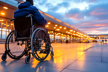 Disabled Person in Wheelchair at Airport at Dusk