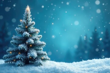 Snow-covered Christmas tree on a frosty blue background, frosty, blue