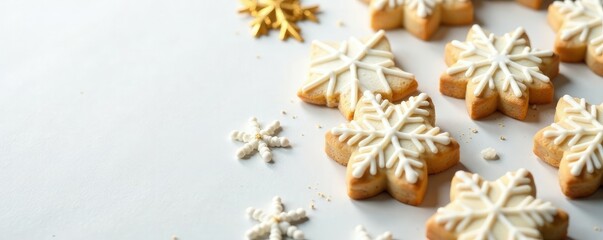 Snowflake-patterned cookies on a white background with golden accents, gold, snowflakes, baking