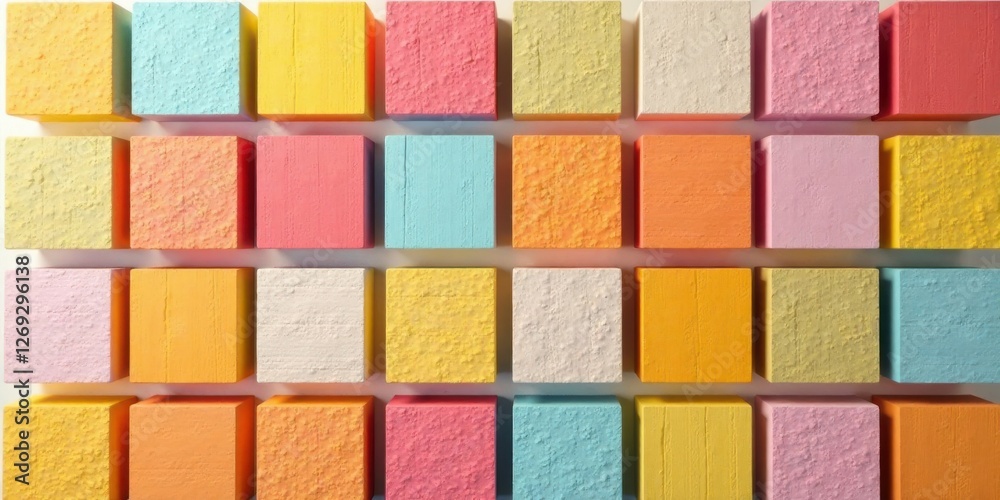 Fototapete a vibrant array of pastel-colored blocks arranged in a grid pattern, showcasing a textured surface a