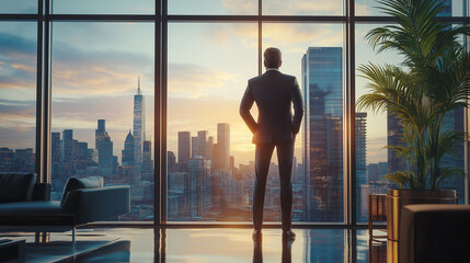Fototapeta premium A professional real estate agent in a luxury apartment interior, elegantly dressed, standing near large windows with a panoramic city view, sophisticated and confident pose