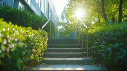 Sunlit city steps leading to modern office building, tranquil urban oasis