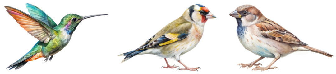 Colorful bird illustrations, detailed watercolor style, vibrant feathers, nature art, educational purpose, wildlife representation.
